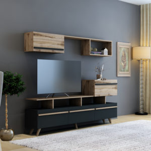 TV wall unit with wooden shelves & black cabinets.
