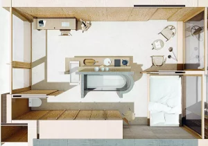 Top-down view of a micro living apartment.
