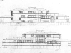 Architectural sketches of a two-story Prairie-style residence.