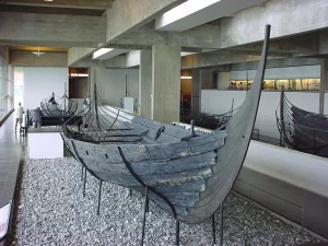 An exhibition displaying preserved Viking warships.