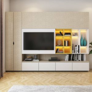 TV cabinets with contrasting yellow shelves.